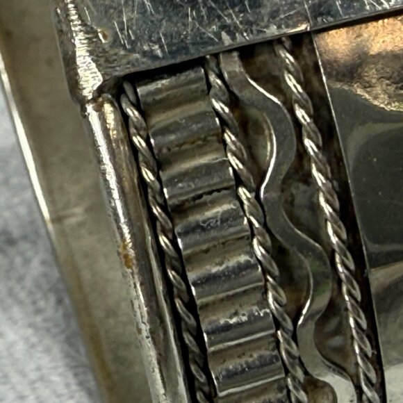 Wide Hammered Silver Tone Metal Cuff Bracelet Braided Textured Edging Boho - Picture 11 of 16